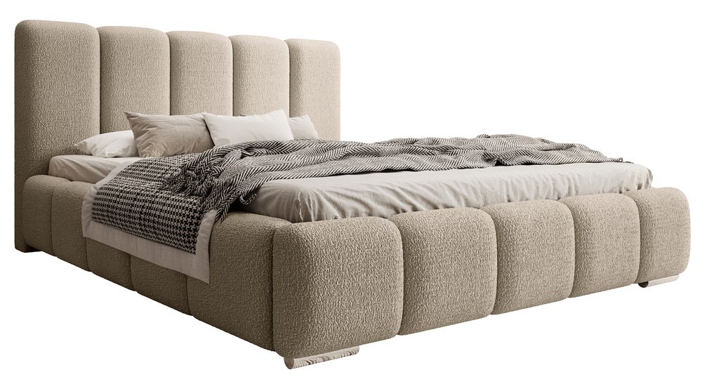 SELSEY Łóżko tapicerowane 140x200 cm Fiftino z pojemnikiem na pościel ciemnobeżowe boucle