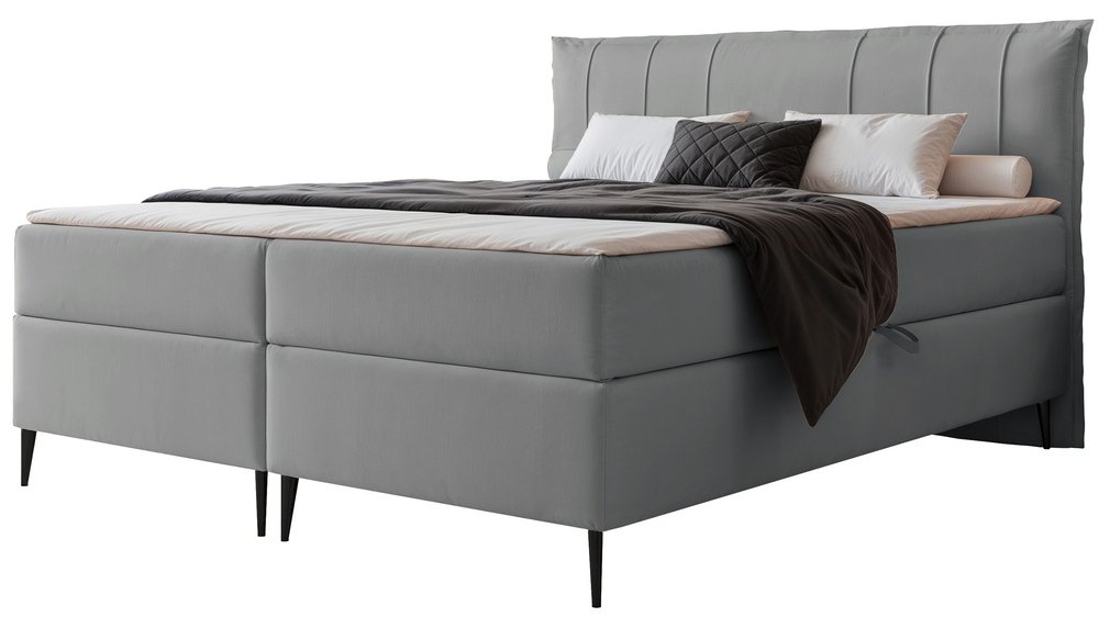 SELSEY Łóżko kontynentalne 140x200 cm Suzi z materacem bonellowym i topperem szare welur hydrofobowy