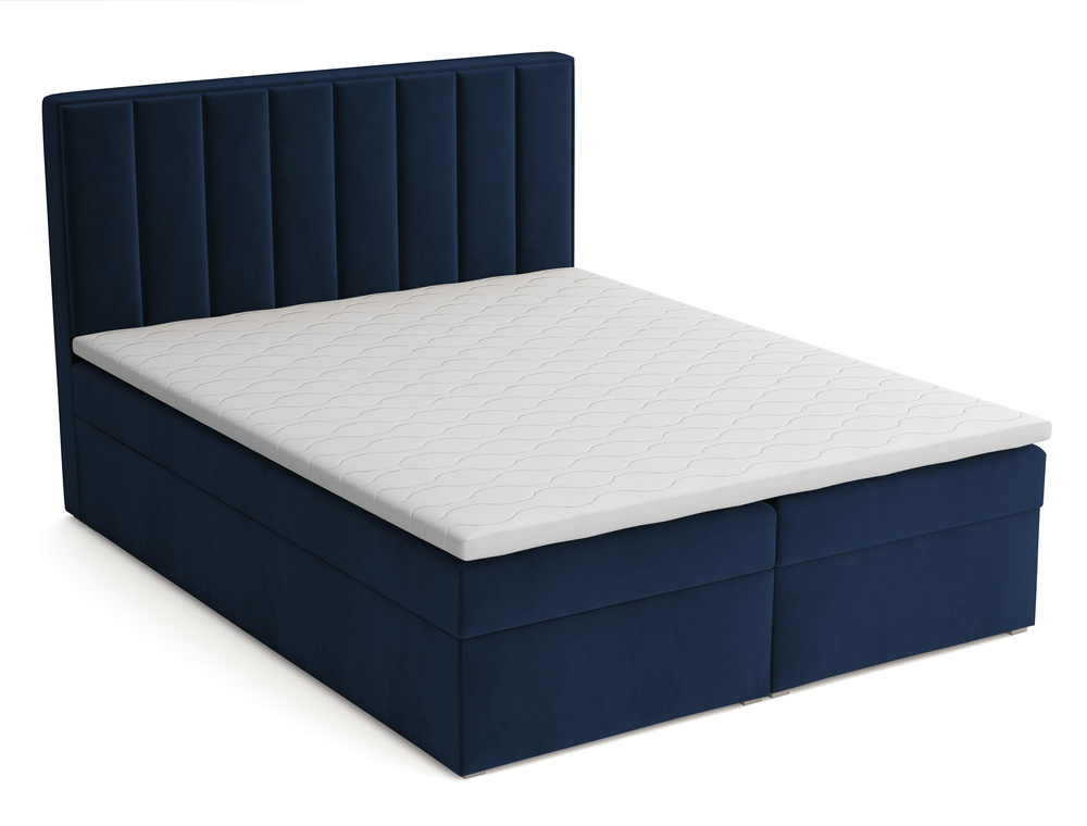 SELSEY Łóżko kontynentalne 180x200 cm Rinus z pojemnikami i topperem ciemnoniebieskie welur