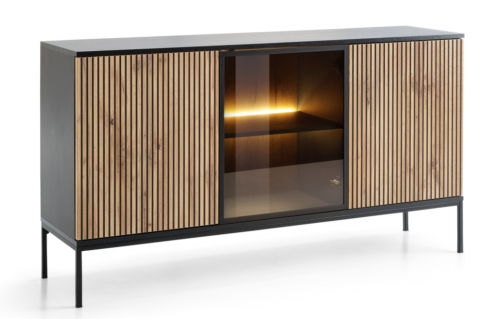 SELSEY Komoda Tosena trzydrzwiowa z oświetleniem LED 154 cm Czarny/Dąb wotan