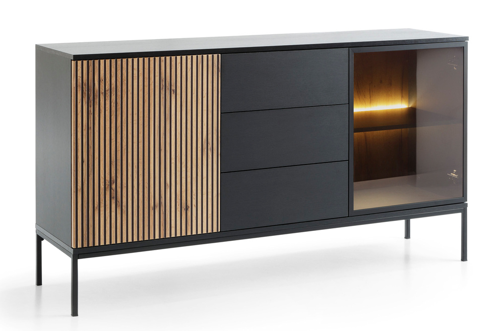 SELSEY Komoda Tosena dwudrzwiowa z szufladami i oświetleniem LED 154 cm Czarny/Dąb wotan