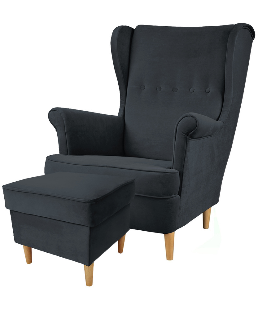 SELSEY Fotel Malmo z podnóżkiem antracytowy welur łatwoczyszczący na bukowych nóżkach