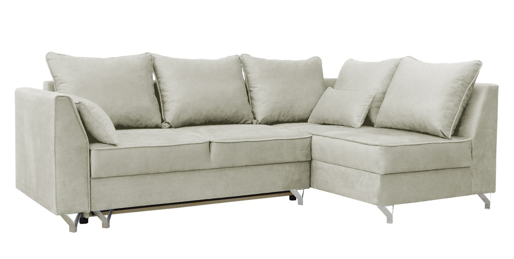 SELSEY Narożnik z funkcją spania Zaria L-kształtny kremowy z pojemnikiem welur hydrofobowy prawostronny