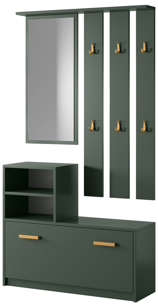 SELSEY Zestaw do przedpokoju Yesfir butelkowa zieleń z lustrem, wieszakami, półkami oraz szafką na buty