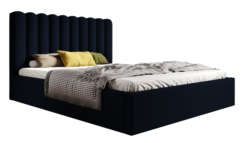 SELSEY Łóżko tapicerowane 180x200 cm Motoba z pojemnikiem i metalowym stelażem z podnośnikiem gazowym granatowe welur