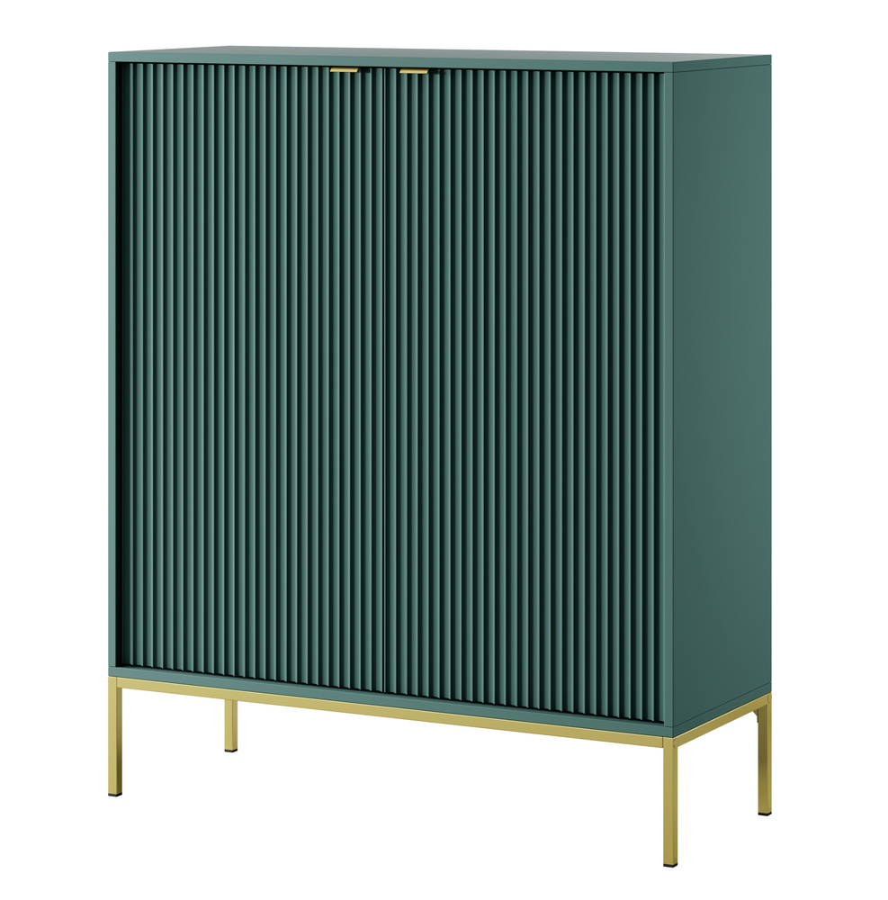 SELSEY Komoda wysoka Vellore zielona z ryflowanymi frontami, złotymi uchwytami i stelażem