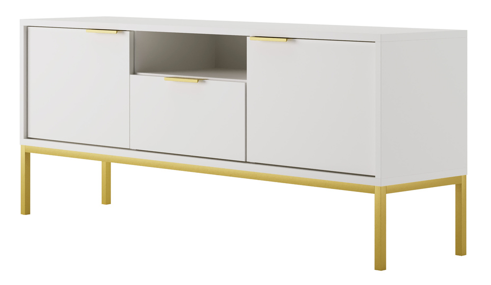 SELSEY Szafka RTV dwudrzwiowa Diargo 135 cm z szufladą i wnęką biała na złotym stelażu