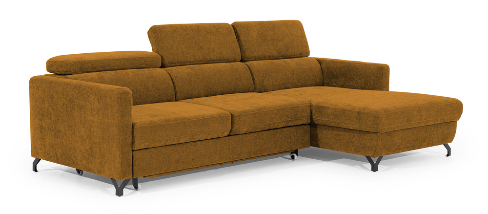 SELSEY Narożnik z funkcją spania Monarda L-kształtny z pojemnikiem i regulowanymi zagłówkami musztardowy welur hydrofobowy prawostronny