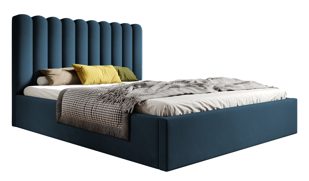 SELSEY Łóżko tapicerowane 160x200 cm Motoba z pojemnikiem i drewnianym stelażem z podnośnikiem sprężynowym niebieskie welur