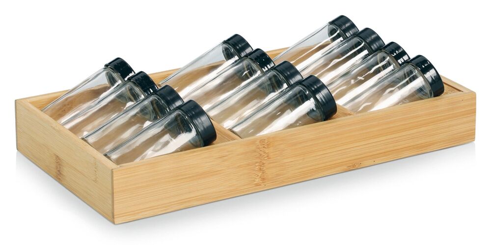 SELSEY Zestaw 13 pojemników na przyprawy Kallost z tacą bambus