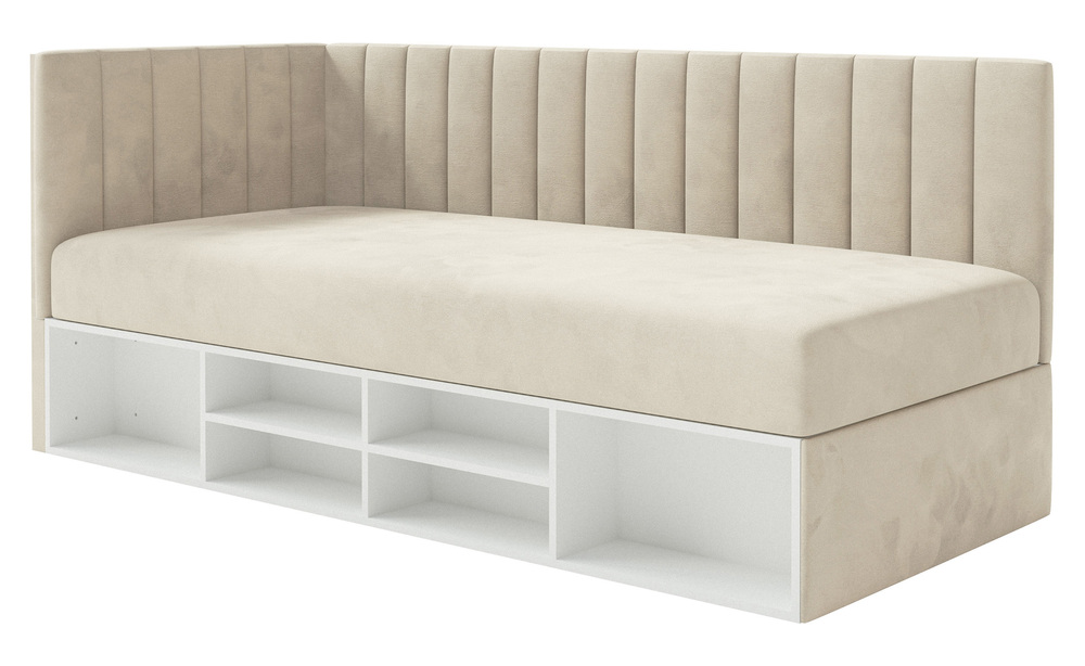 SELSEY Łóżko młodzieżowe 90x200 cm Ventrio lewostronne z pojemnikiem i półkami jasnobeżowe welur hydrofobowy łatwoczyszczący