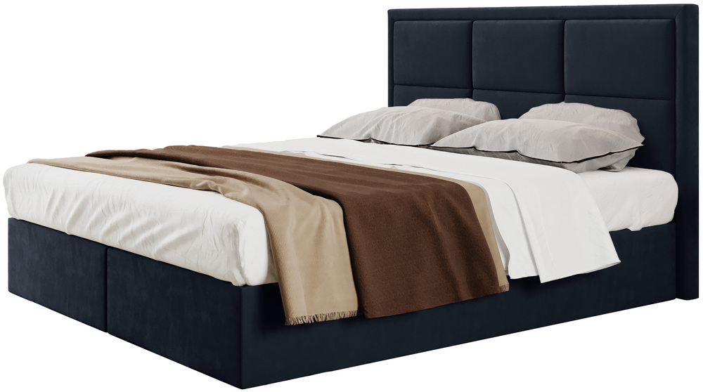 SELSEY Łóżko kontynentalne 180x200 cm Rommano z materacem bonellowym i topperem granatowe welur
