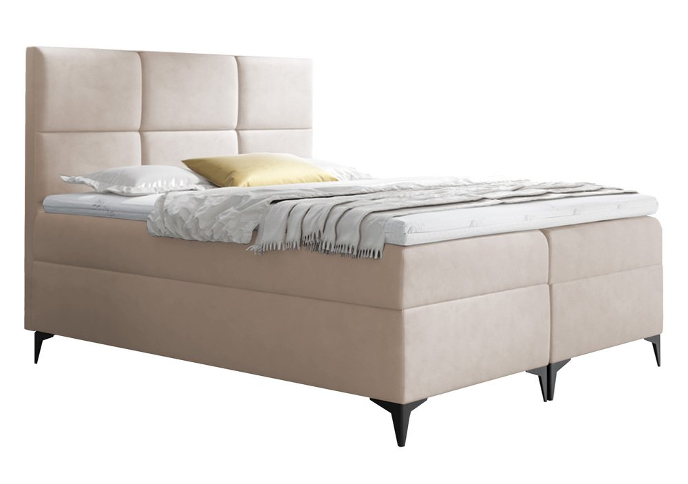 SELSEY Łóżko kontynentalne Firome 160x200 z dwoma pojemnikami, materacem i topperem beżowe hydrofobowe