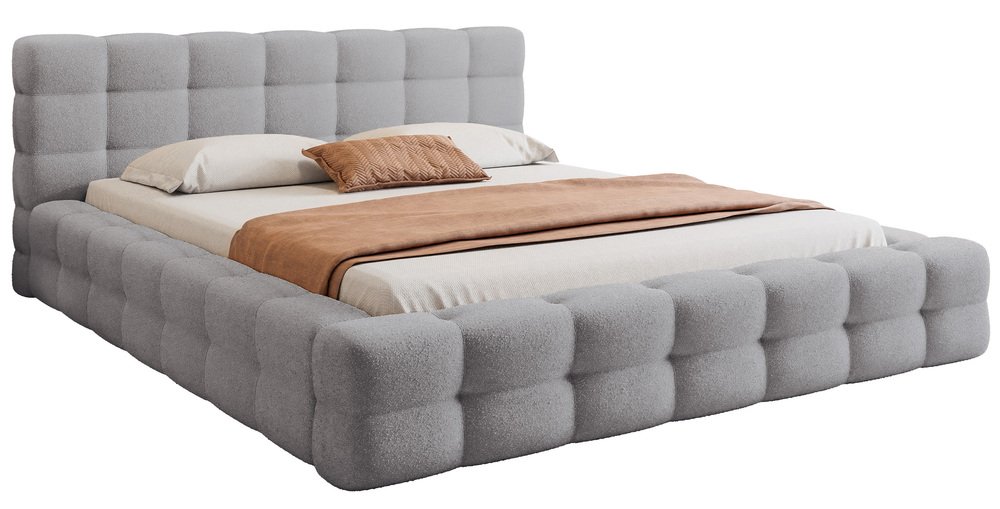 SELSEY Łóżko tapicerowane 140x200 cm Floriso z pojemnikiem i metalowym stelażem jasnoszare boucle