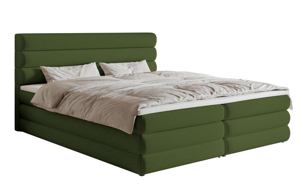 SELSEY Łóżko kontynentalne 140x200 cm Alegre z topperem i dwoma pojemnikami oliwkowe szenil hydrofobowy