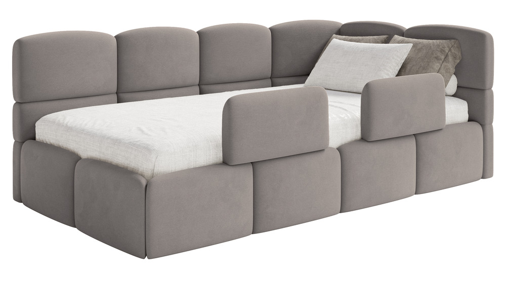 SELSEY Łóżko młodzieżowe 90x200 cm Cloudy prawostronne z materacem pojemnikiem i barierkami jasnoszare welur hydrofobowy łatwoczyszczący