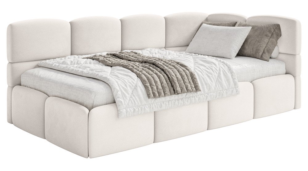 SELSEY Łóżko młodzieżowe 90x200 cm Cloudy prawostronne z materacem i pojemnikiem kremowe welur hydrofobowy łatwoczyszczący