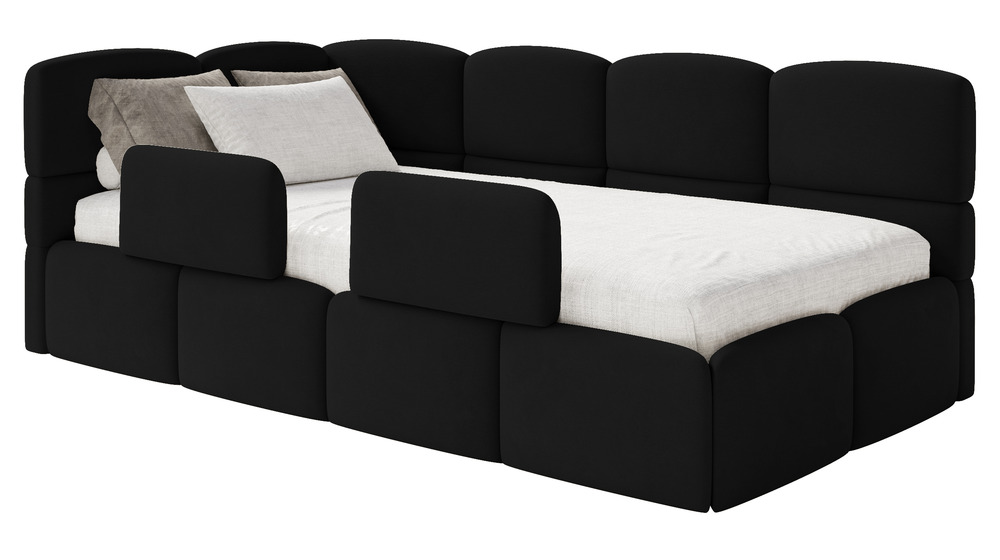 SELSEY Łóżko młodzieżowe 90x200 cm Cloudy lewostronne z materacem pojemnikiem i barierkami czarne welur hydrofobowy łatwoczyszczący