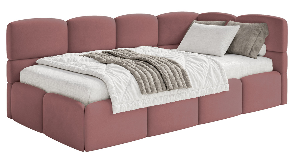 SELSEY Łóżko młodzieżowe 90x200 cm Cloudy prawostronne z materacem i pojemnikiem różowe welur hydrofobowy łatwoczyszczący