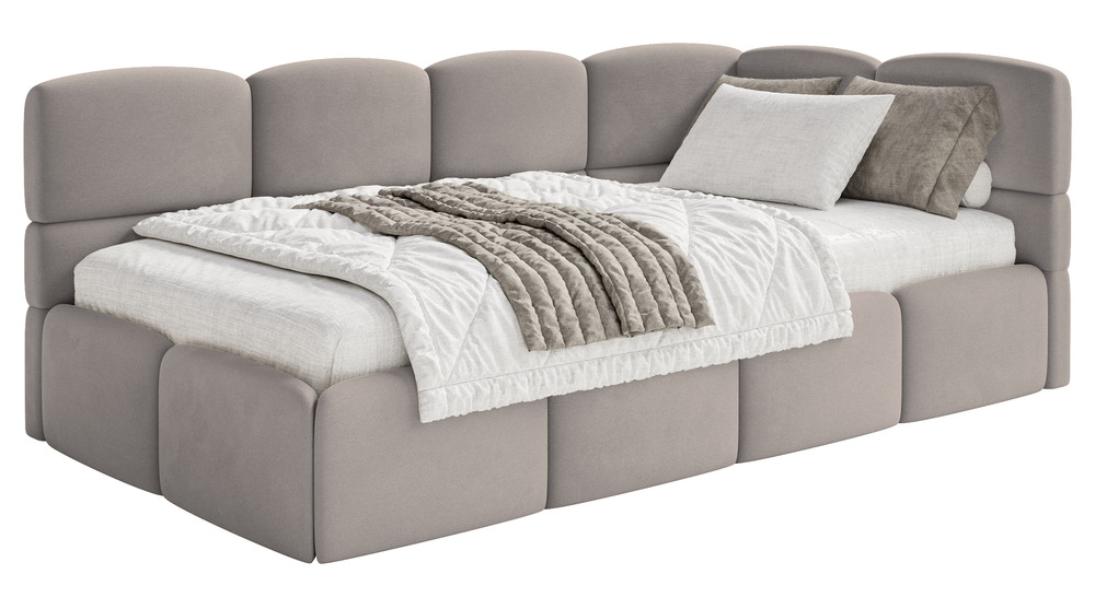 SELSEY Łóżko młodzieżowe 90x200 cm Cloudy prawostronne z materacem i pojemnikiem jasnoszare welur hydrofobowy łatwoczyszczący