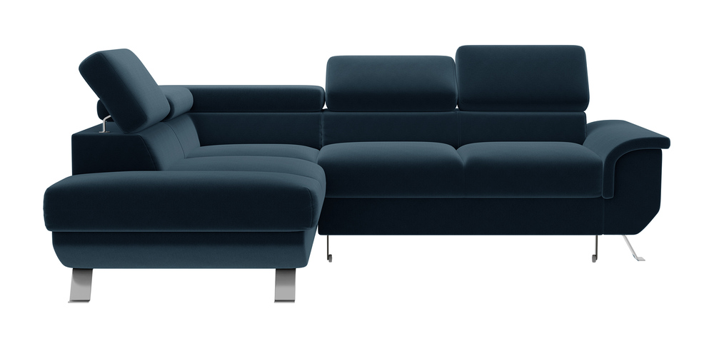 SELSEY Narożnik z funkcją spania Carenero L-kształtny z pojemnikiem i regulowanymi zagłówkami granatowy welur hydrofobowy lewostronny