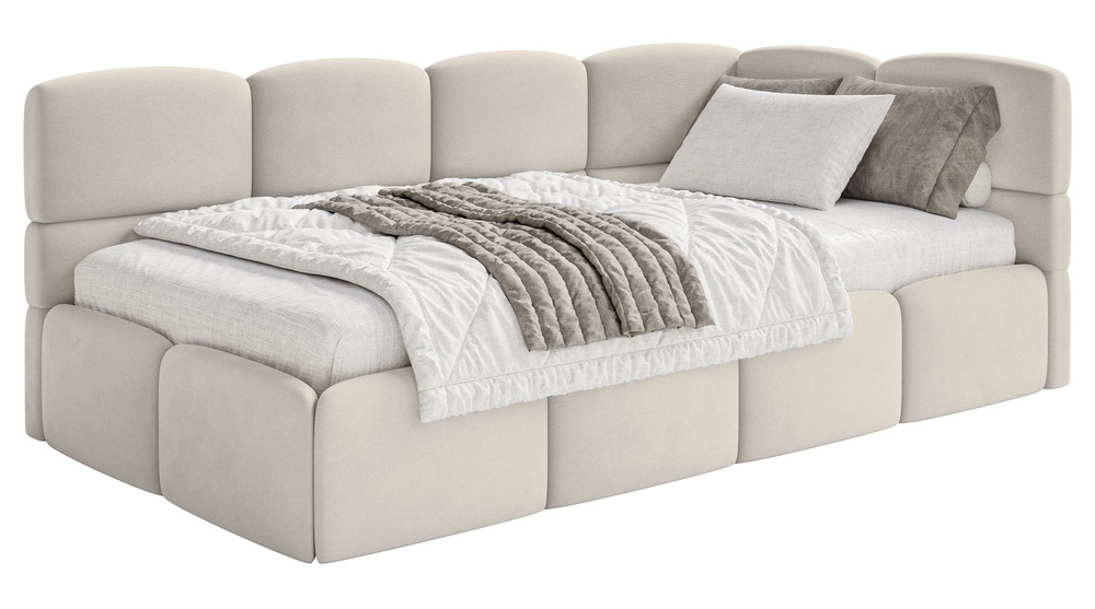 SELSEY Łóżko młodzieżowe 90x200 cm Cloudy prawostronne z materacem i pojemnikiem jasnobeżowe welur hydrofobowy łatwoczyszczący