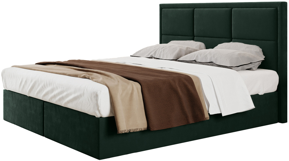 SELSEY Łóżko kontynentalne 160x200 cm Rommano z materacem bonellowym i topperem butelkowa zieleń welur