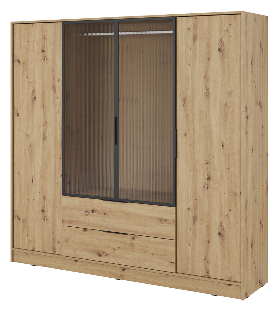 SELSEY Szafa czterodrzwiowa Kelly z witryną i dwiema szufladami 206 cm dąb artisan