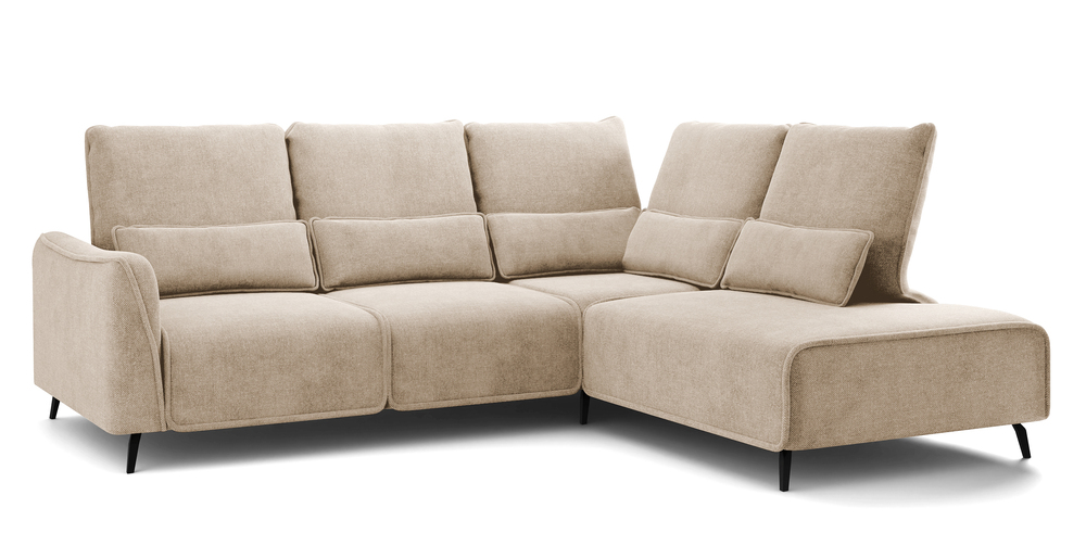 SELSEY Narożnik Rumbia L-kształtny z boczkiem beżowy z regulowanym oparciem w tkaninie łatwoczyszczcej plecionka nogi czarne prawostronny