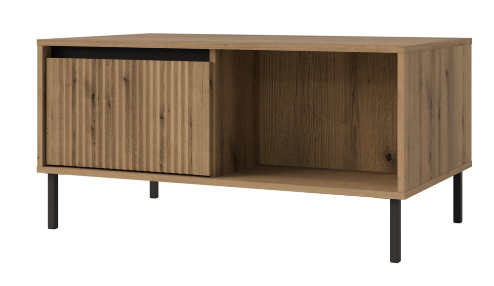 SELSEY Stolik kawowy Osaka z dwiema szufladami i ryflowanymi frontami 100 cm dąb evoke na czarnych nogach