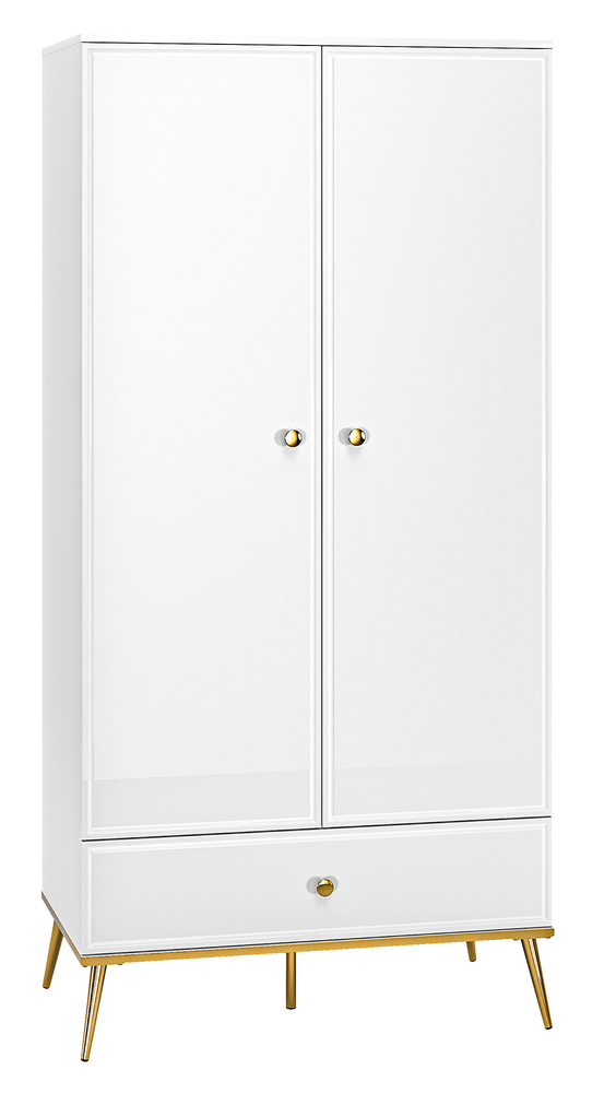 SELSEY Szafa dwudrzwiowa Darrby 92 cm z szufladą biały/biały połysk ze złotymi nogami