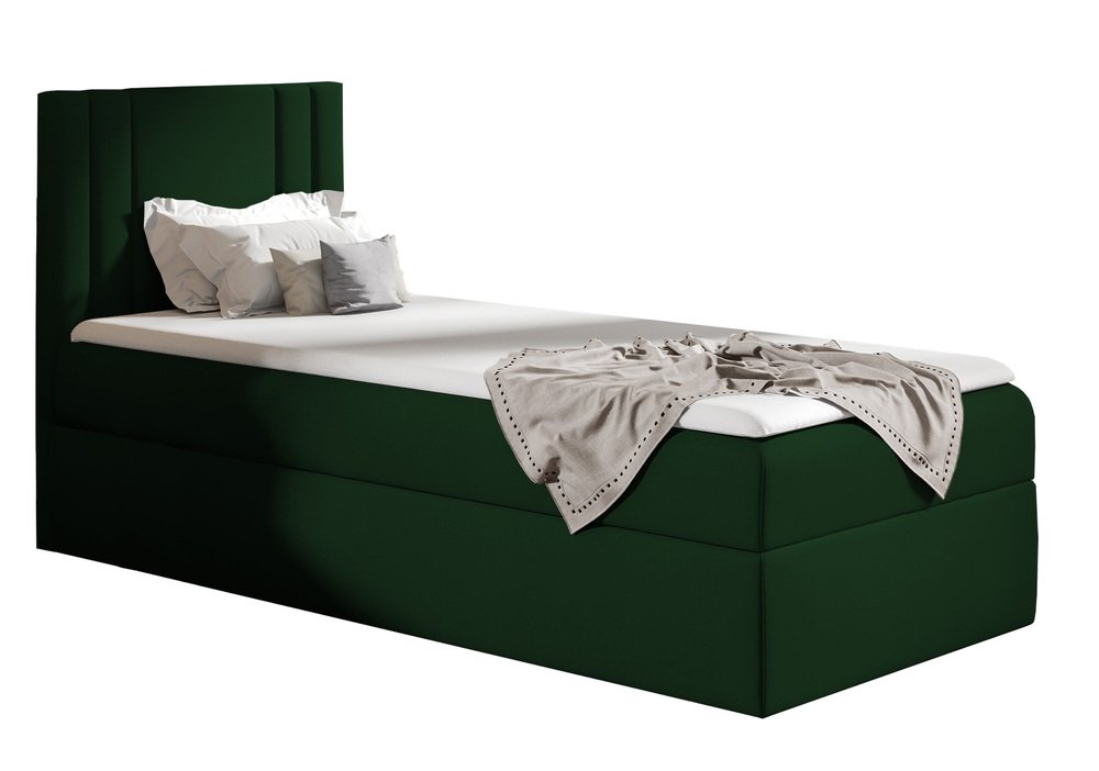 SELSEY Łóżko kontynentalne jednosobowe Dulmo Mini 80x200 cm z pojemnikiem i topperem zielone hydrofobowe prawostronne