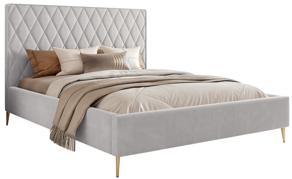 SELSEY Łóżko tapicerowane 140x200 cm Caro z pojemnikiem gołębie welur hydrofobowy złote nóżki