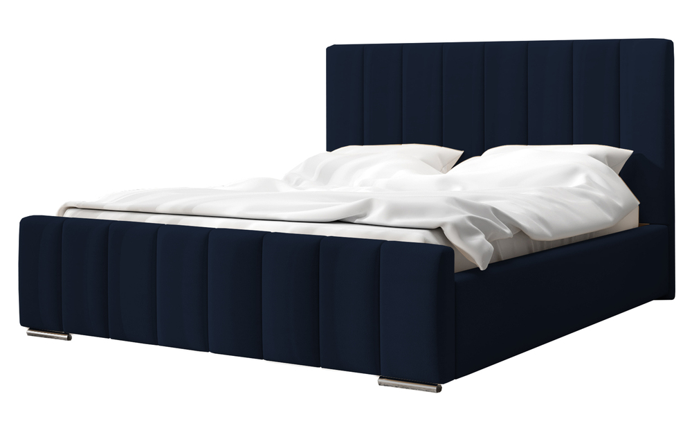 SELSEY Łóżko tapicerowane 140x200 cm Makonis z pojemnikiem i metalowym stelażem z podnośnikiem gazowym granatowe welur