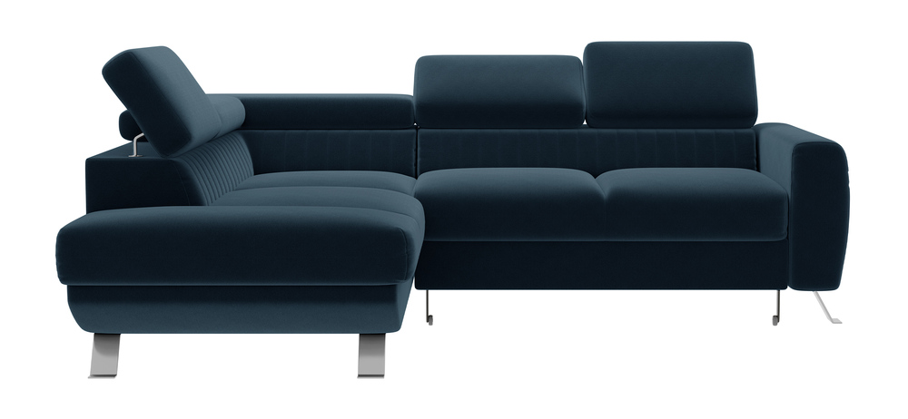 SELSEY Narożnik z funkcją spania Bambito L-kształtny z pojemnikiem i regulowanymi zagłówkami granatowy welur hydrofobowy lewostronny