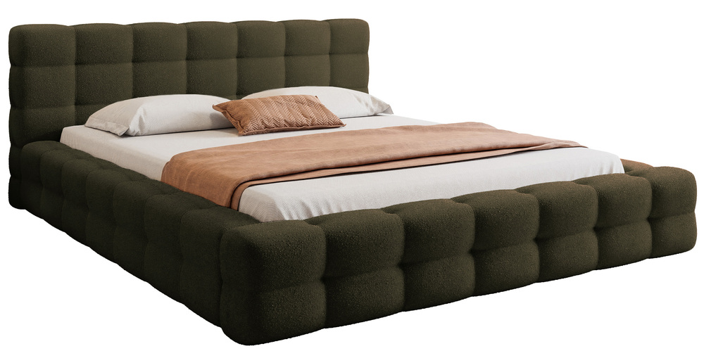 SELSEY Łóżko tapicerowane 180x200 cm Floriso z pojemnikiem i metalowym stelażem oliwkowe boucle