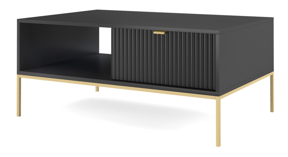 SELSEY Ława kawowa Vellore 104x68 cm czarna z ryflowanym frontem i złotym stelażem