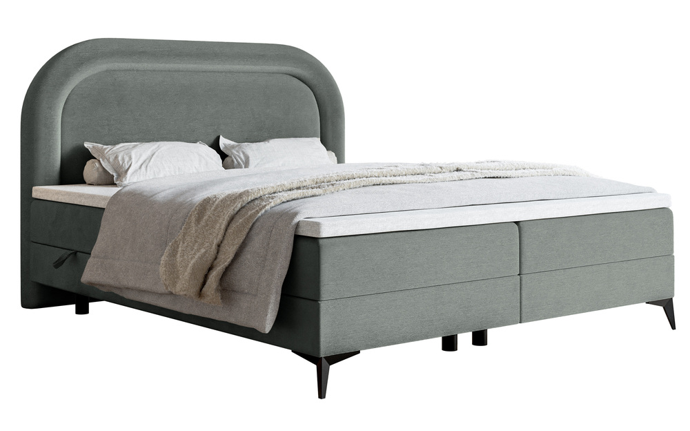 SELSEY Łóżko kontynentalne 160x200 cm Loreo z topperem i pojemnikami szare welur hydrofobowy