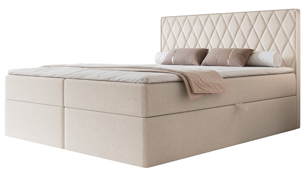 SELSEY Łóżko kontynentalne 140x200 cm Carenzo z materacem bonellowym i topperem kremowe szenil hydrofobowy