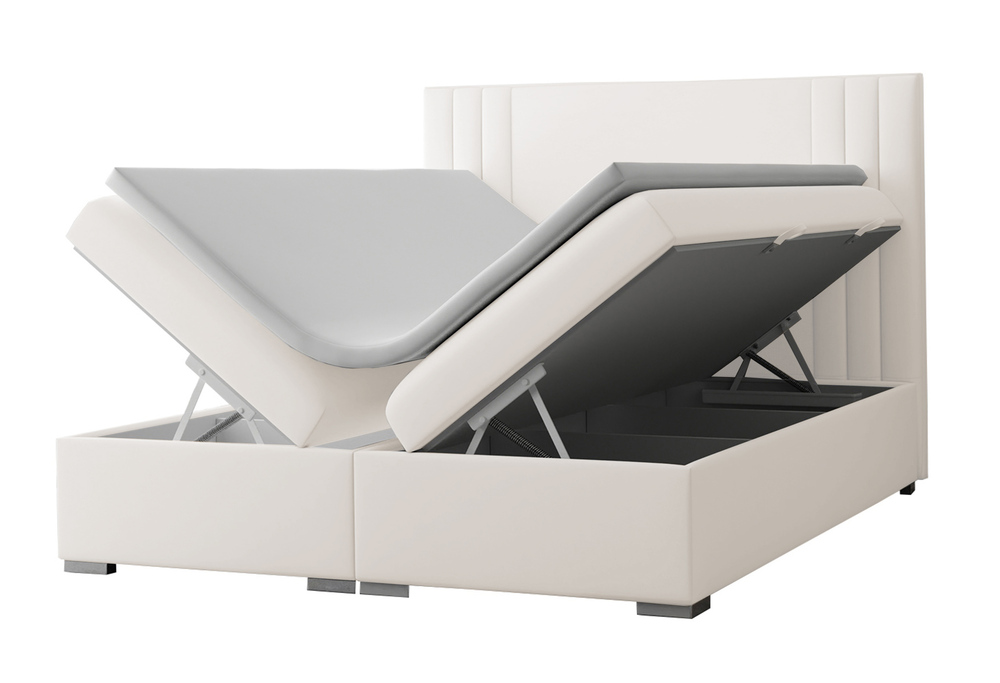 SELSEY Łóżko kontynentalne 180x200 cm Monder z pojemnikami i topperem jasnobeżowe welur hydrofobowy