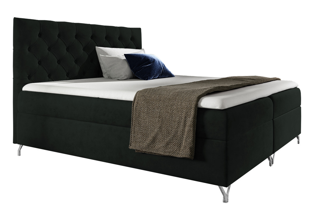 SELSEY Łóżko kontynentalne Lozanna 180x200 z dwoma pojemnikami, materacem i topperem ciemnozielone