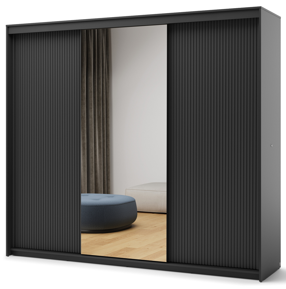 SELSEY Szafa przesuwna Trend trzydrzwiowa z lustrem i oświetleniem 250 cm ryflowane fronty czarna