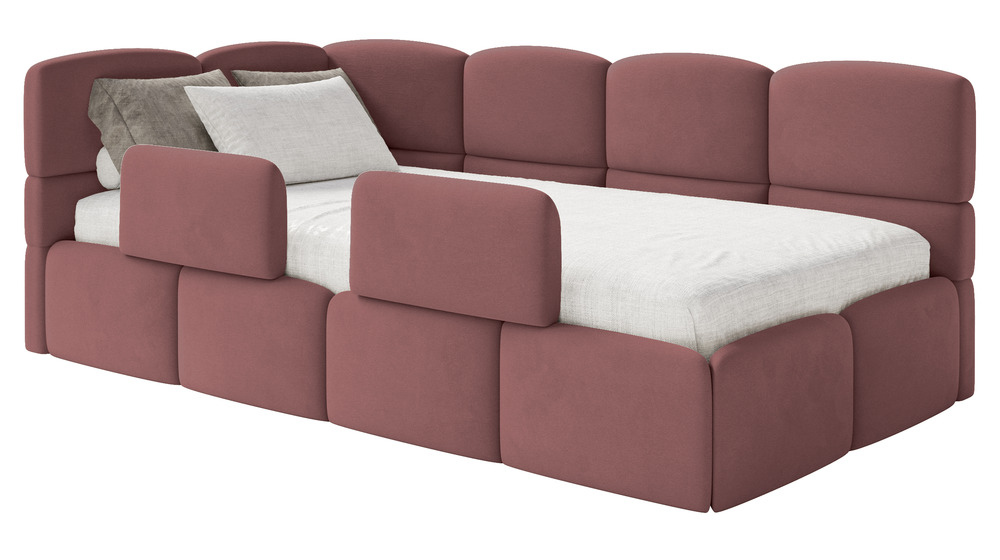 SELSEY Łóżko młodzieżowe 90x200 cm Cloudy lewostronne z pojemnikiem i barierkami różowe welur hydrofobowy łatwoczyszczący