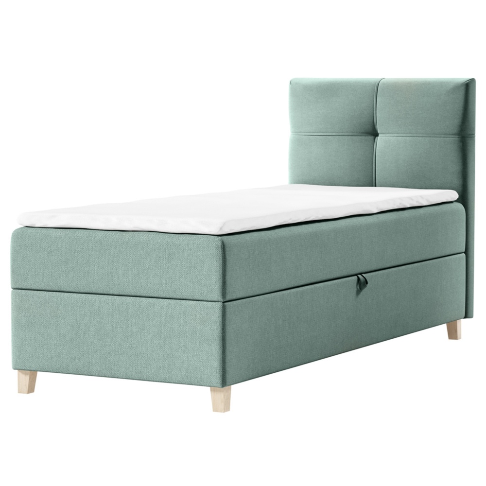 SELSEY Łóżko kontynentalne 100x200 cm Firmini z pojemnikiem i topperem jednoosobowe miętowe welur prawostronne