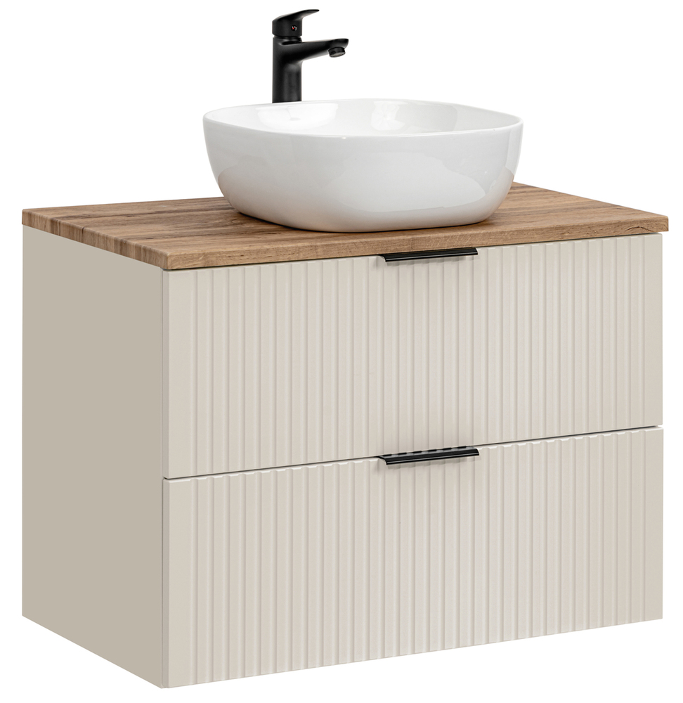 SELSEY Szafka łazienkowa dwuszufladowa Temirni z blatem i umywalką nablatową 80 cm beżowa/dąb wotan