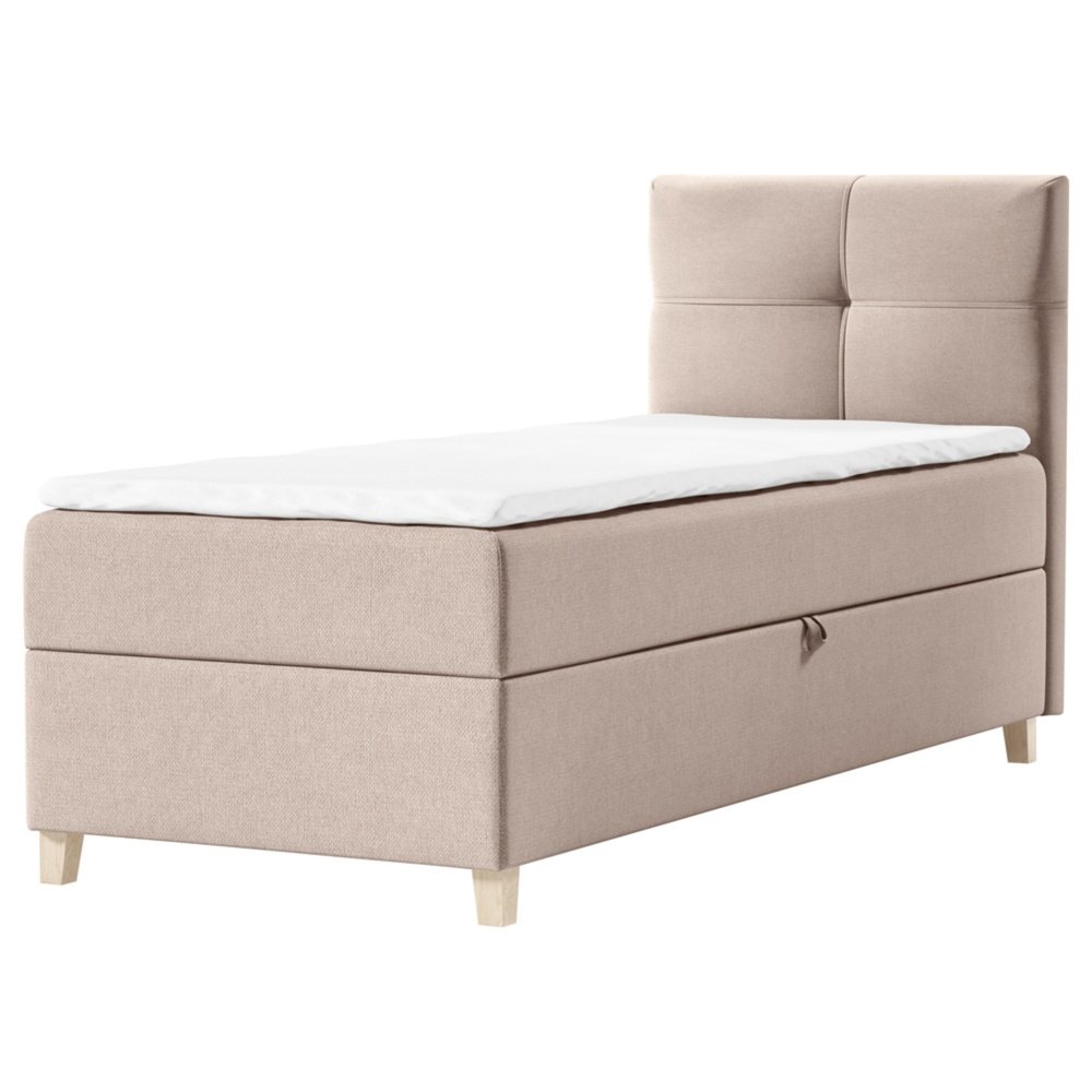 SELSEY Łóżko kontynentalne 100x200 cm Firmini z pojemnikiem i topperem jednoosobowe beżowe welur lewostronne