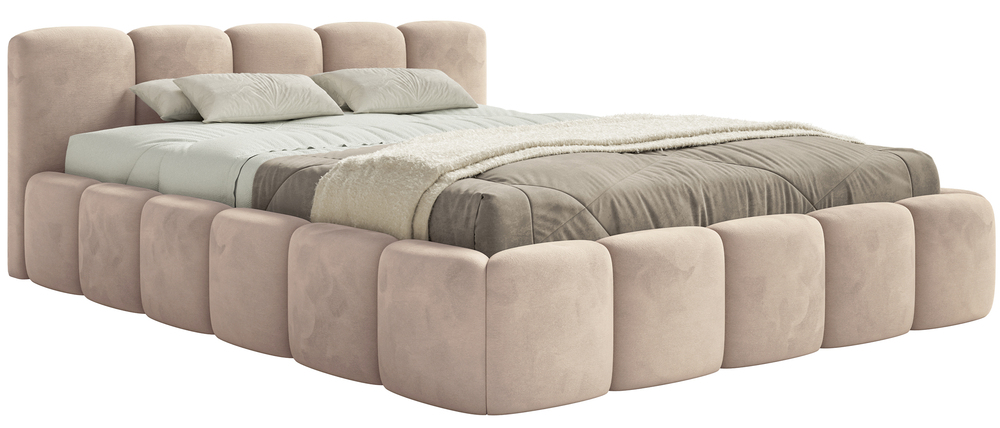 SELSEY Łóżko tapicerowane 160x200 cm Cloudy Low beżowe welur hydrofobowy łatwoczyszczący stelaż drewniany