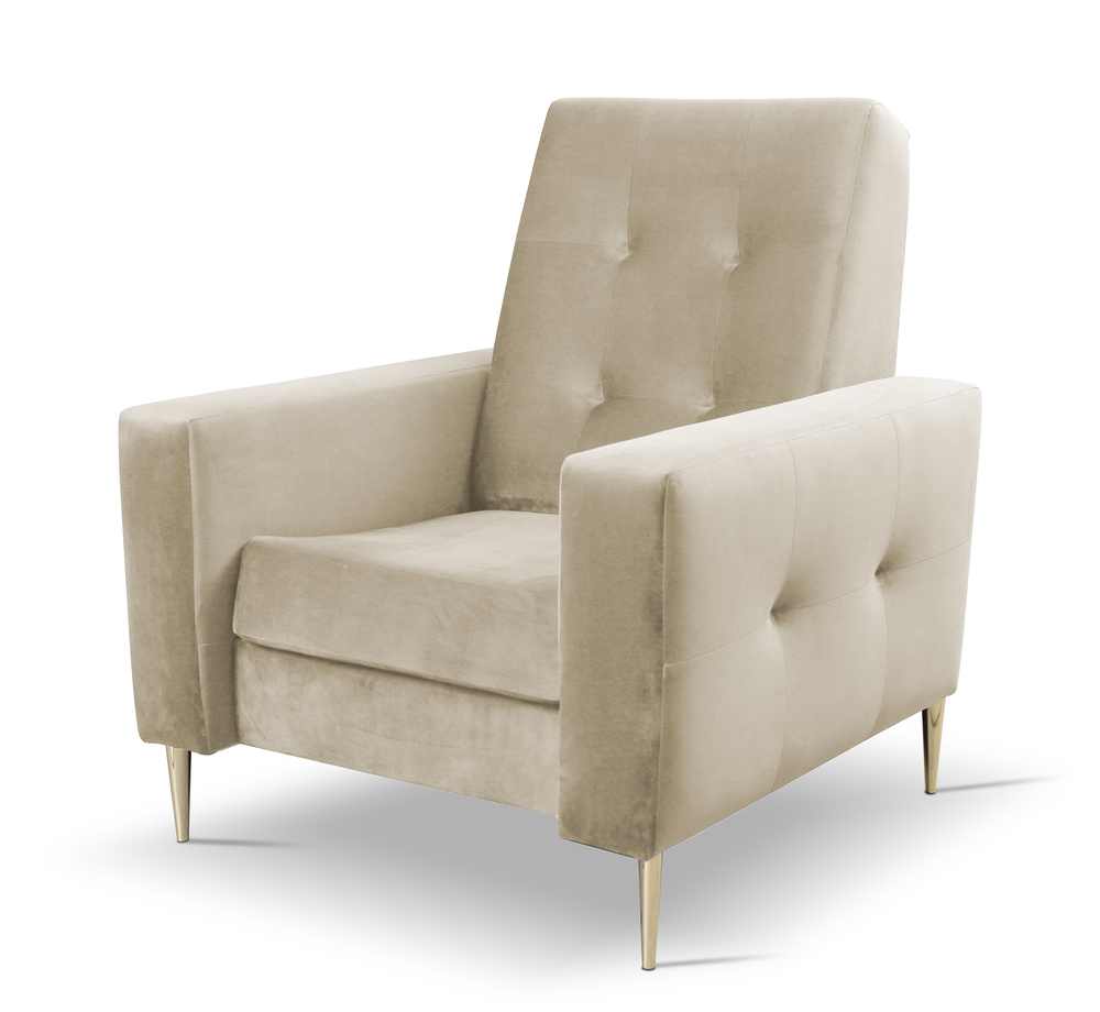 SELSEY Fotel kubełkowy Santi jasnobeżowy w tkaninie hydrofobowej welur nogi złote