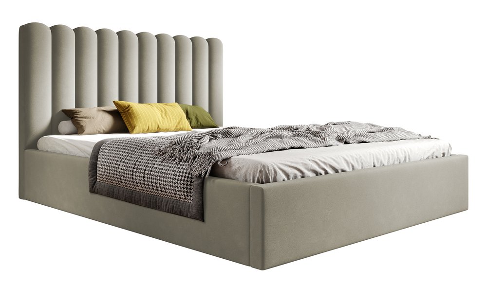 SELSEY Łóżko tapicerowane 180x200 cm Motoba z pojemnikiem i metalowym stelażem z podnośnikiem gazowym kremowe welur