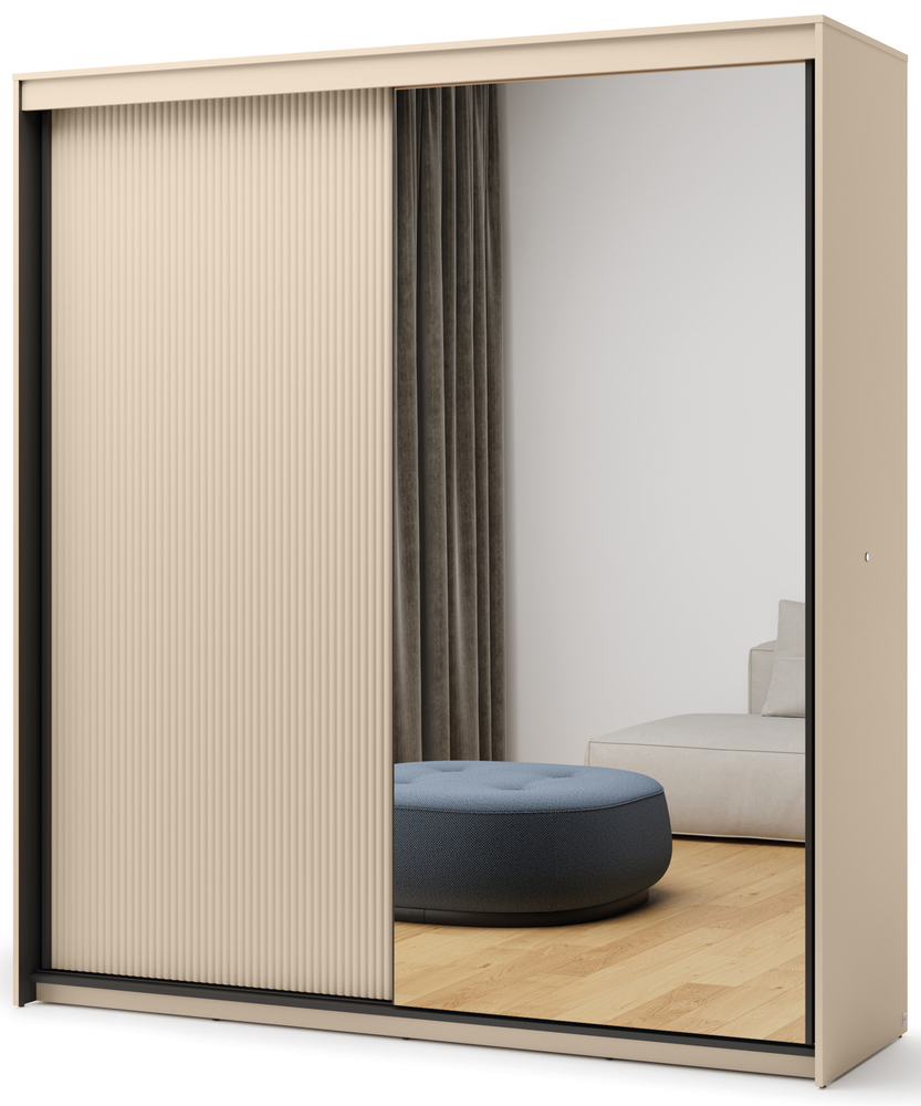 SELSEY Szafa przesuwna Trend dwudrzwiowa z lustrem i oświetleniem 200 cm ryflowany front beż piaskowy / czarny